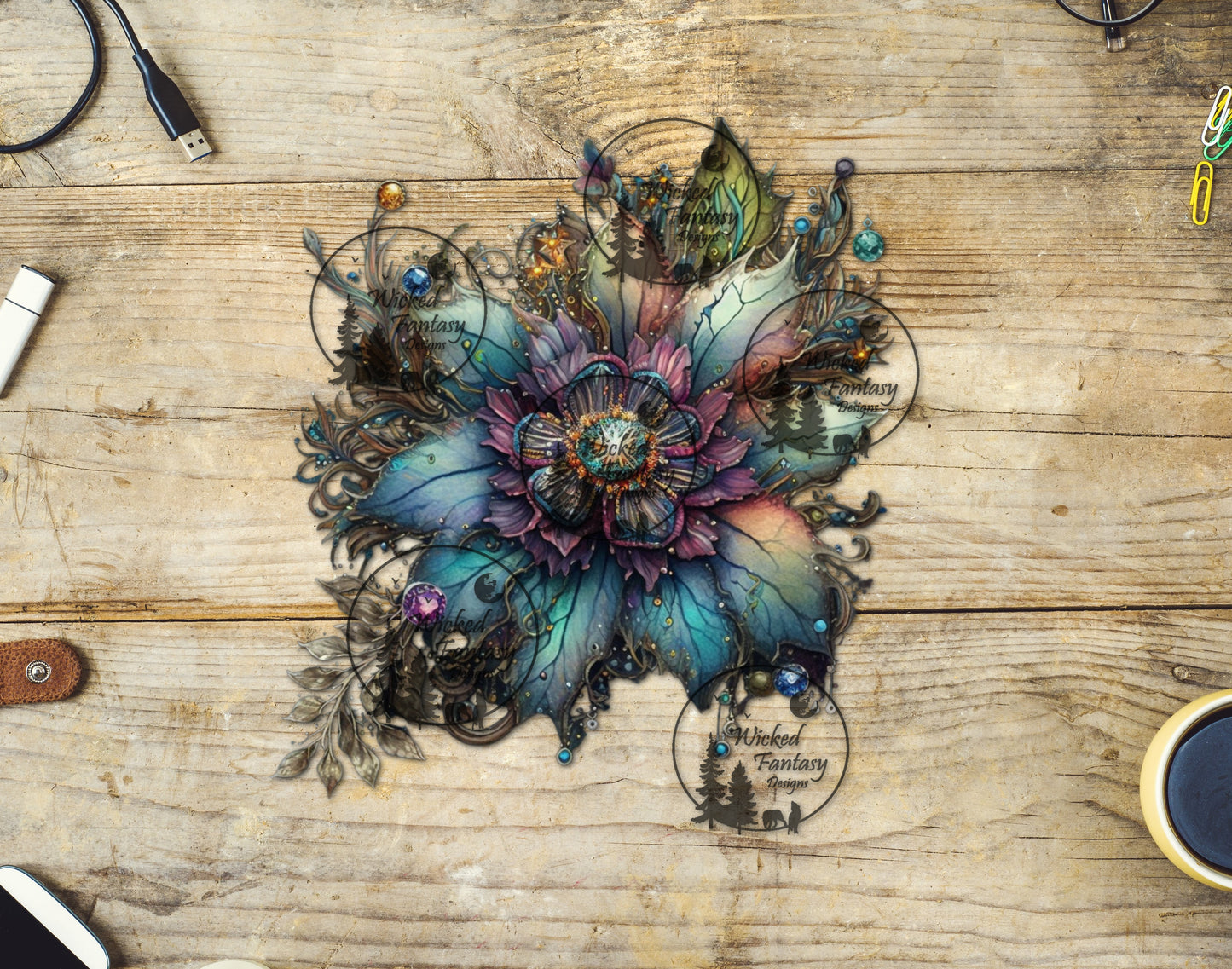 UVDTF Teal Steampunk Flower