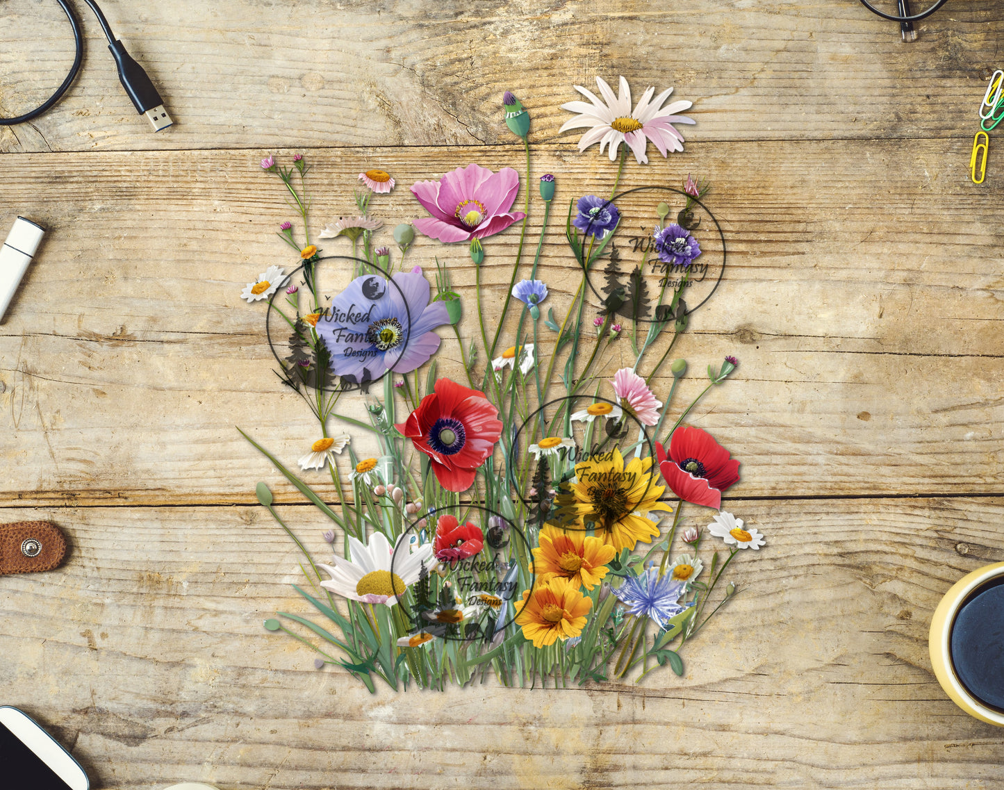 UVDTF Purple Red Yellow Wild Flowers