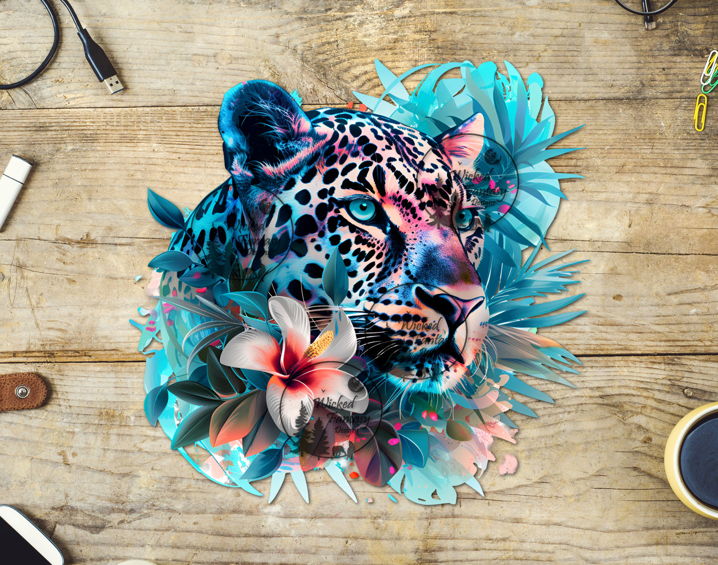 UVDTF Tropical Flowers and Teal Jaguar