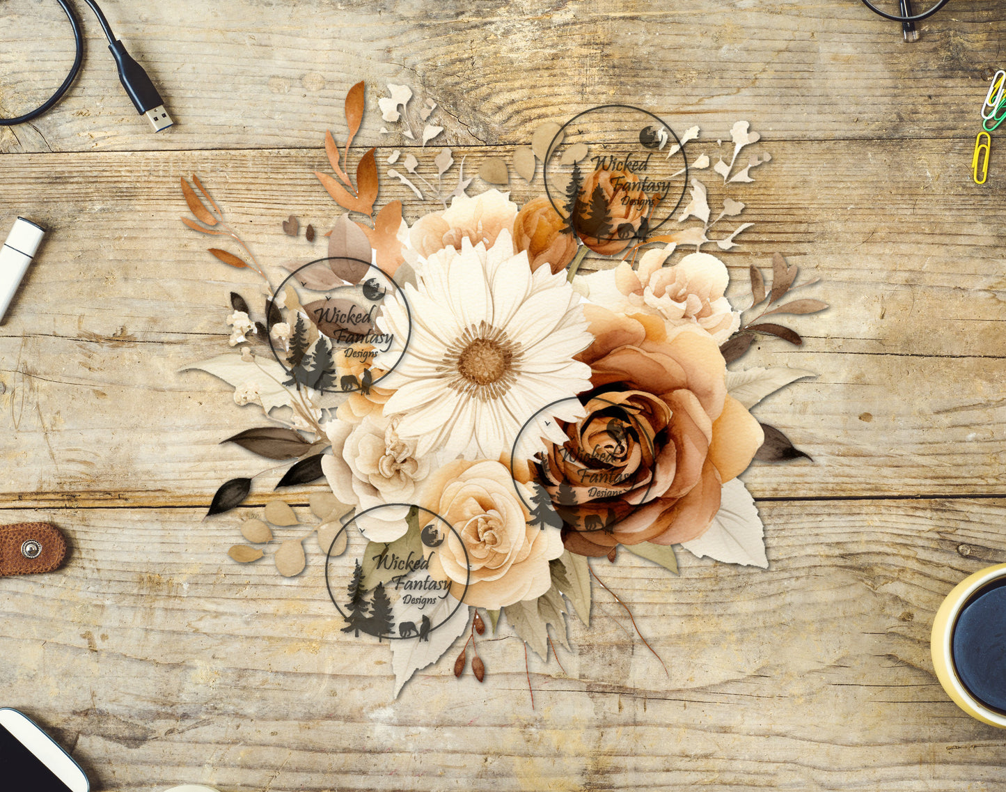 UVDTF Cream Tan Sage Flower Bouquet Arrangement