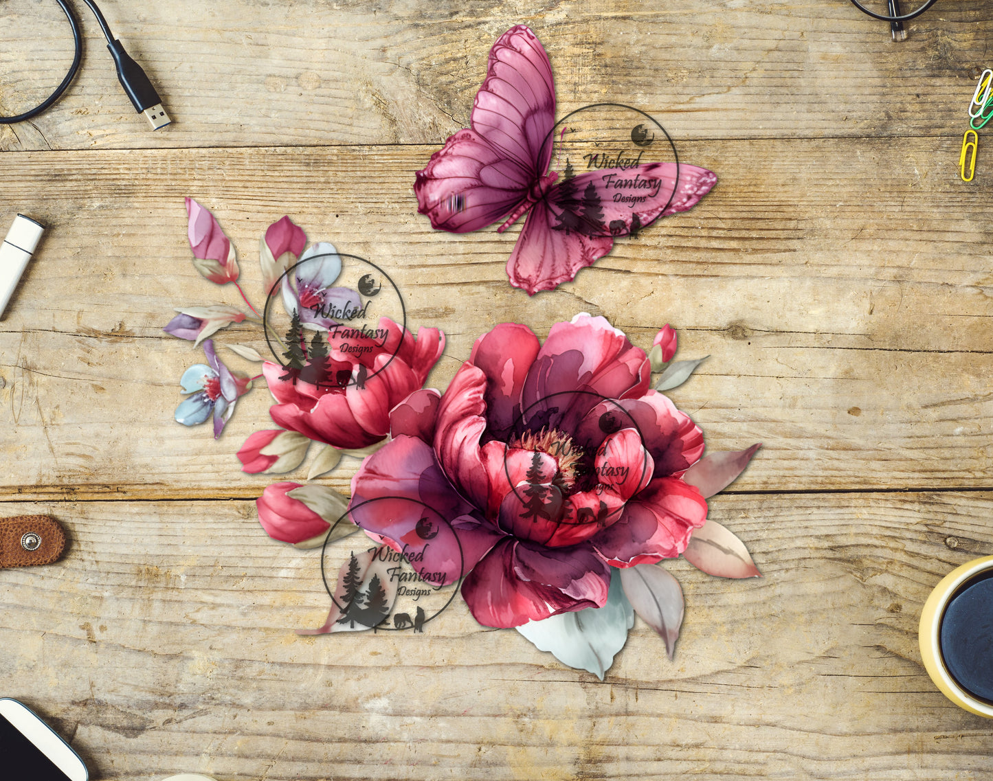 UVDTF Pink and Burgundy Butterfly and Flowers