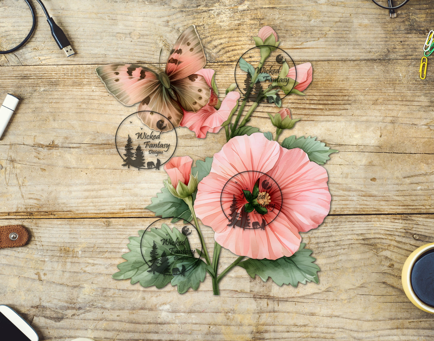 UVDTF Pink and Coral Butterfly and Flowers