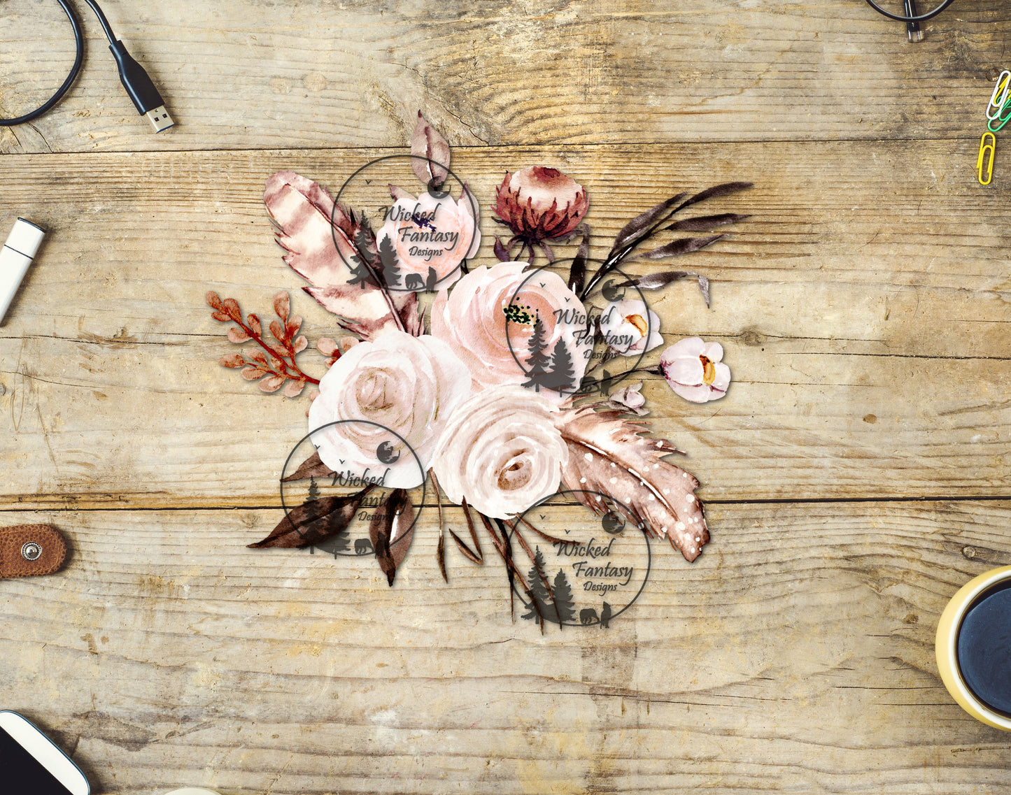 UVDTF Boho Pink Cream Brown Feathers and Flower Arrangement