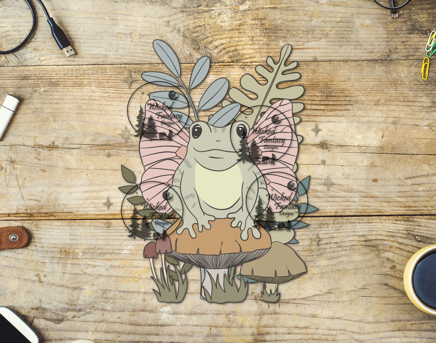 UVDTF Frog with Wings Mushrooms Cottagecore