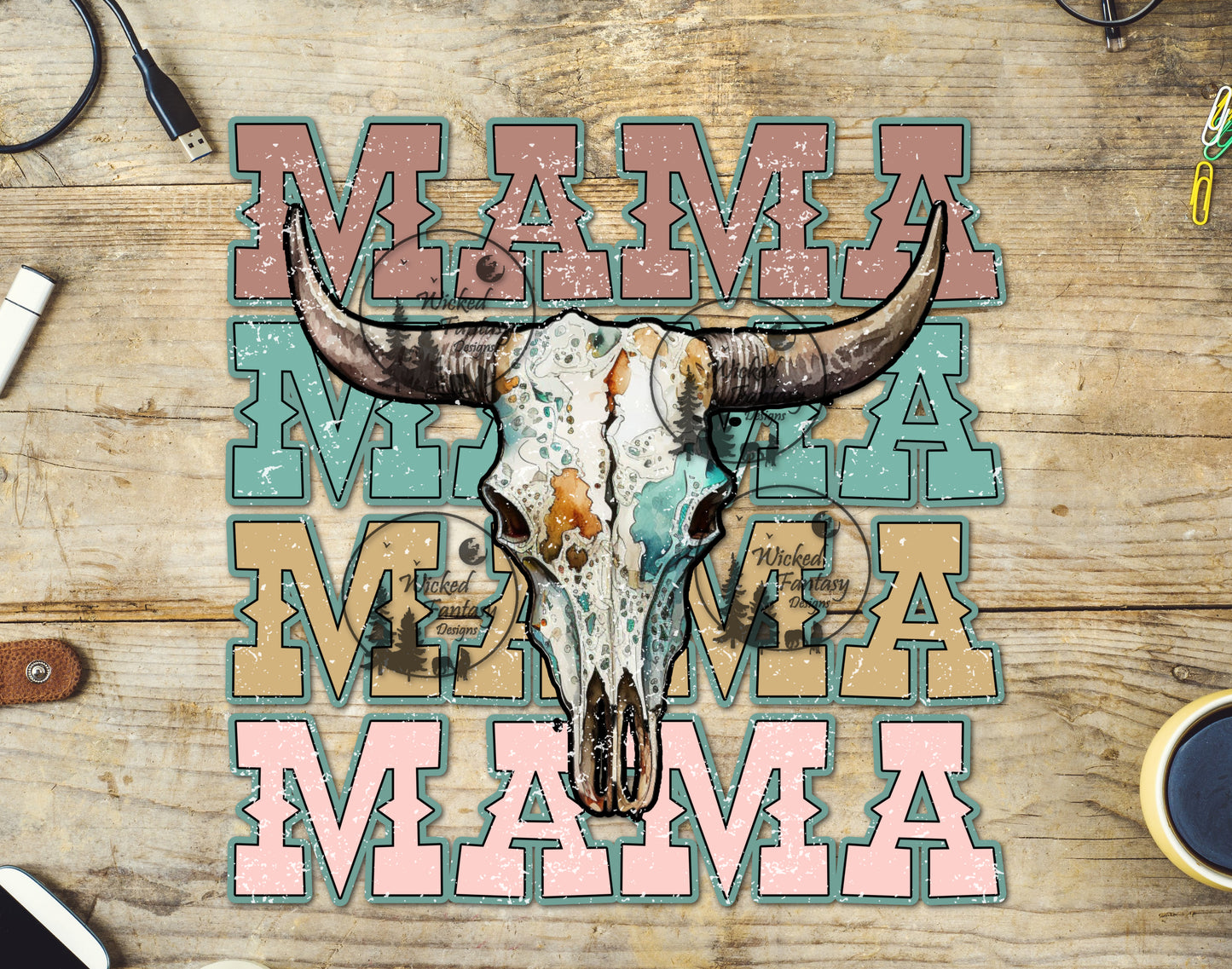 UVDTF Mama Pastel Cow Skull Rustic