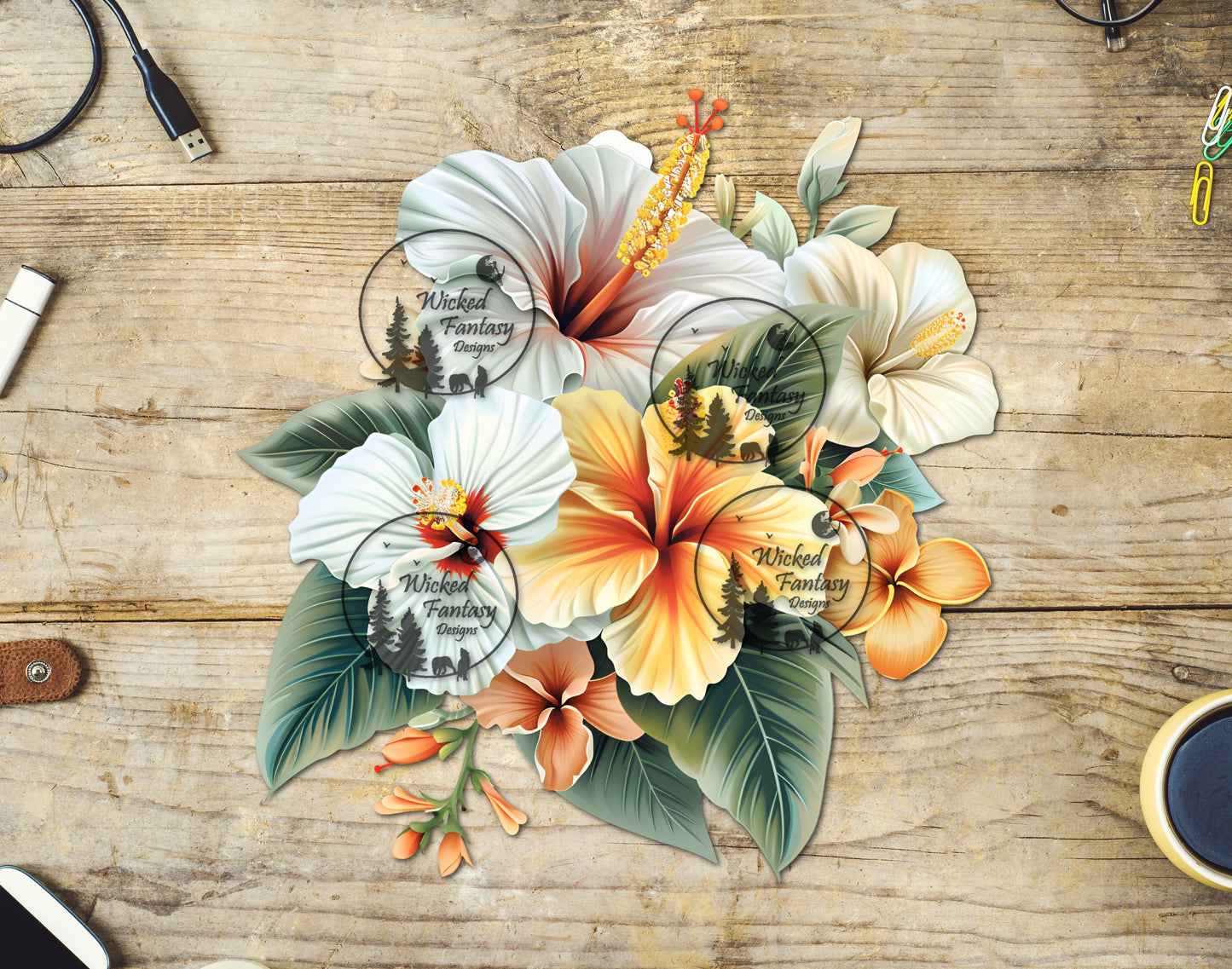 UVDTF White Orange and Yellow Tropical Flower Arrangement