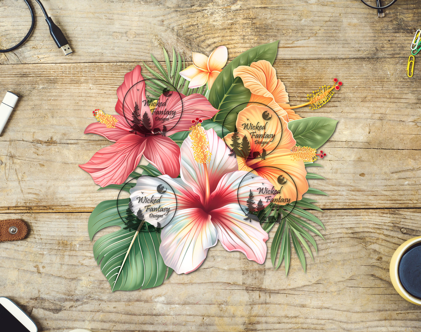 UVDTF White Coral and Yellow Tropical Flower Arrangement