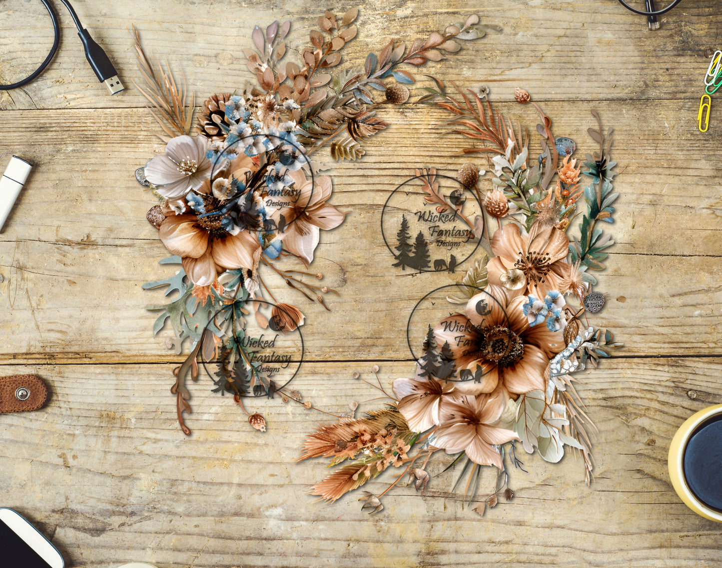 UVDTF Rust and Periwinkle Flower Arrangement