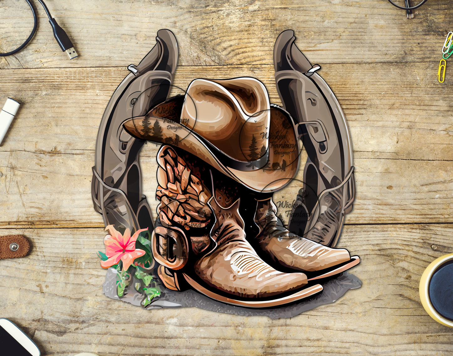 UVDTF Decal Western Cowboy Boots Horse Shoe Cowgirl Transparent Background Sticker 1pc