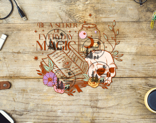 UVDTF Decal Be a Seeker of Everyday Magic Inspirational Skull Book Moon Transparent Background sticker 1pc