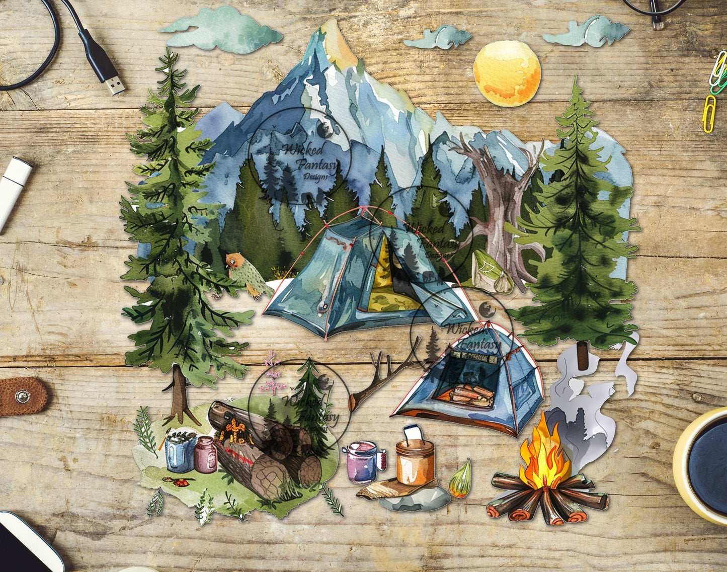 UVDTF Decal Camping Trees Mountains Tent Elements 9"x9"