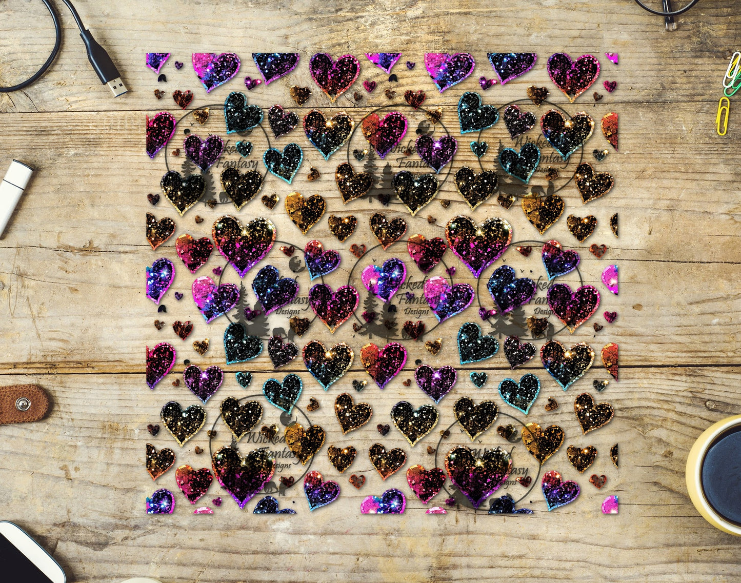 UVDTF Element Neon Faux Glitter Hearts 10"x10"