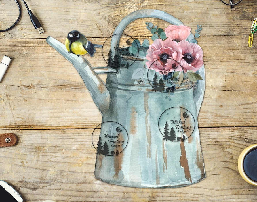 UVDTF Watercolor Songbird and Flowers on a Watering Can