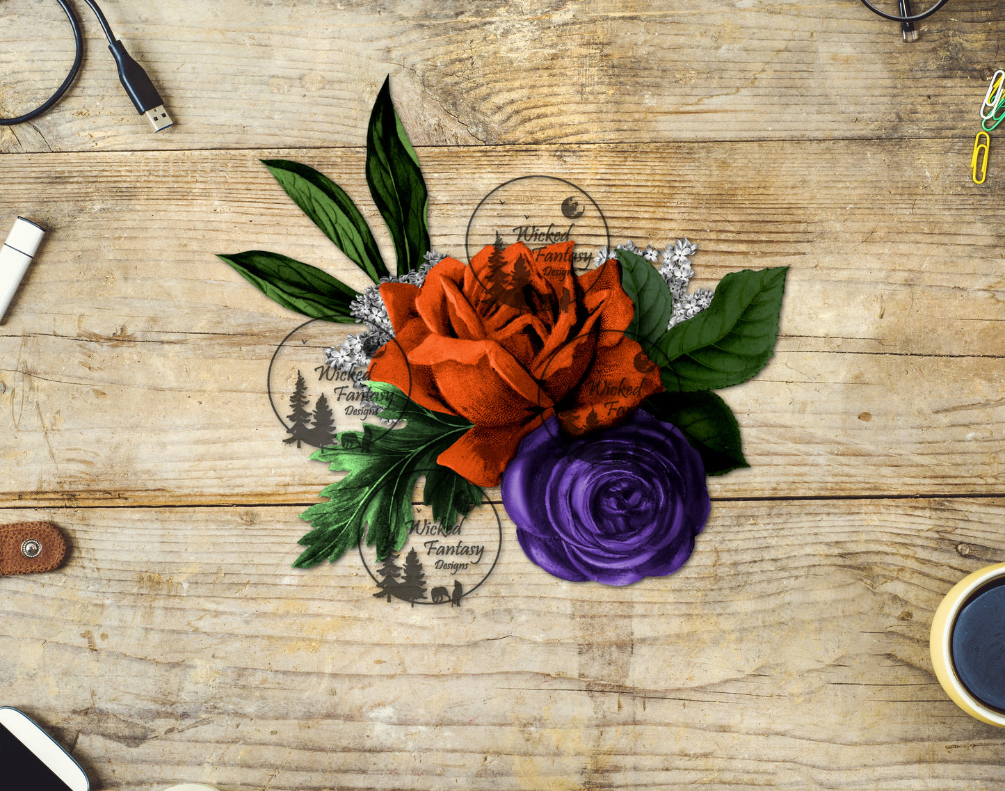 UVDTF Rust and Purple Flower Arrangement