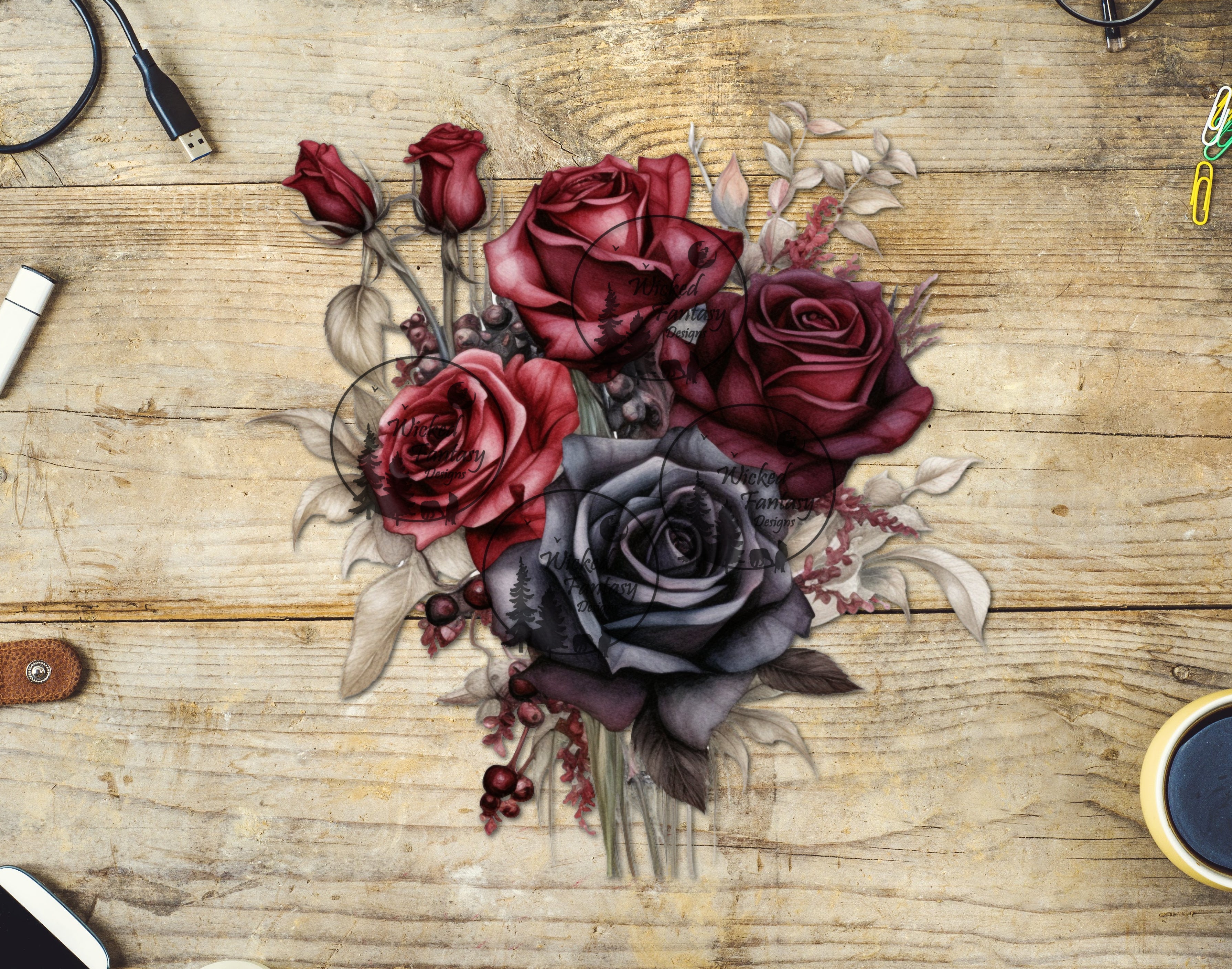UVDTF Red Burgundy Black Rose Flower Bouquet – Wicked Fantasy Designs