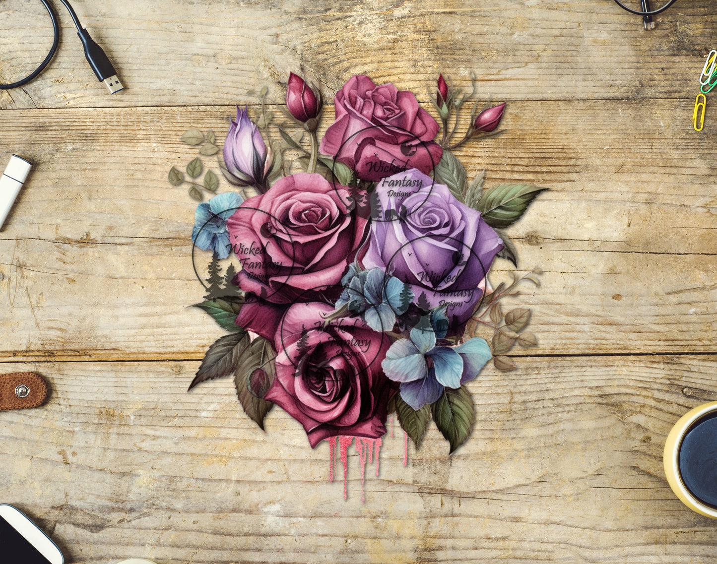 UVDTF Purple Burgundy Rose Flower Bouquet