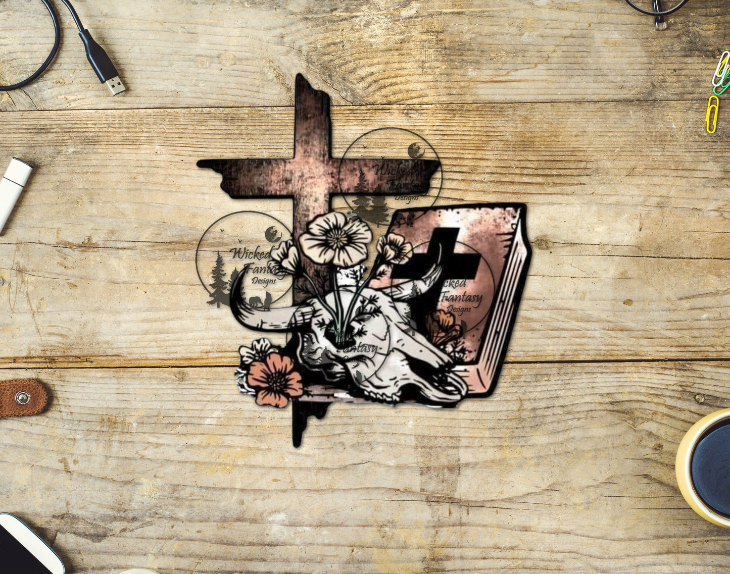 UVDTF Cross Bible and Cow Skull