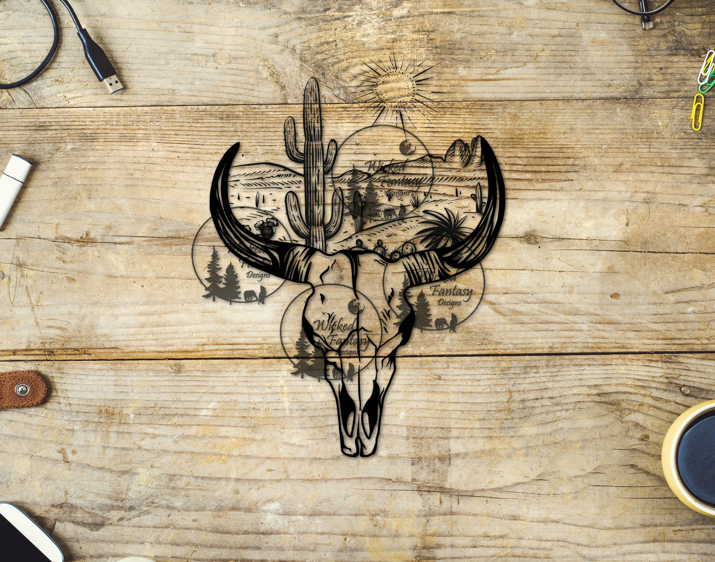 UVDTF Southwestern Desert and Cactus Cow Skull Silhouette