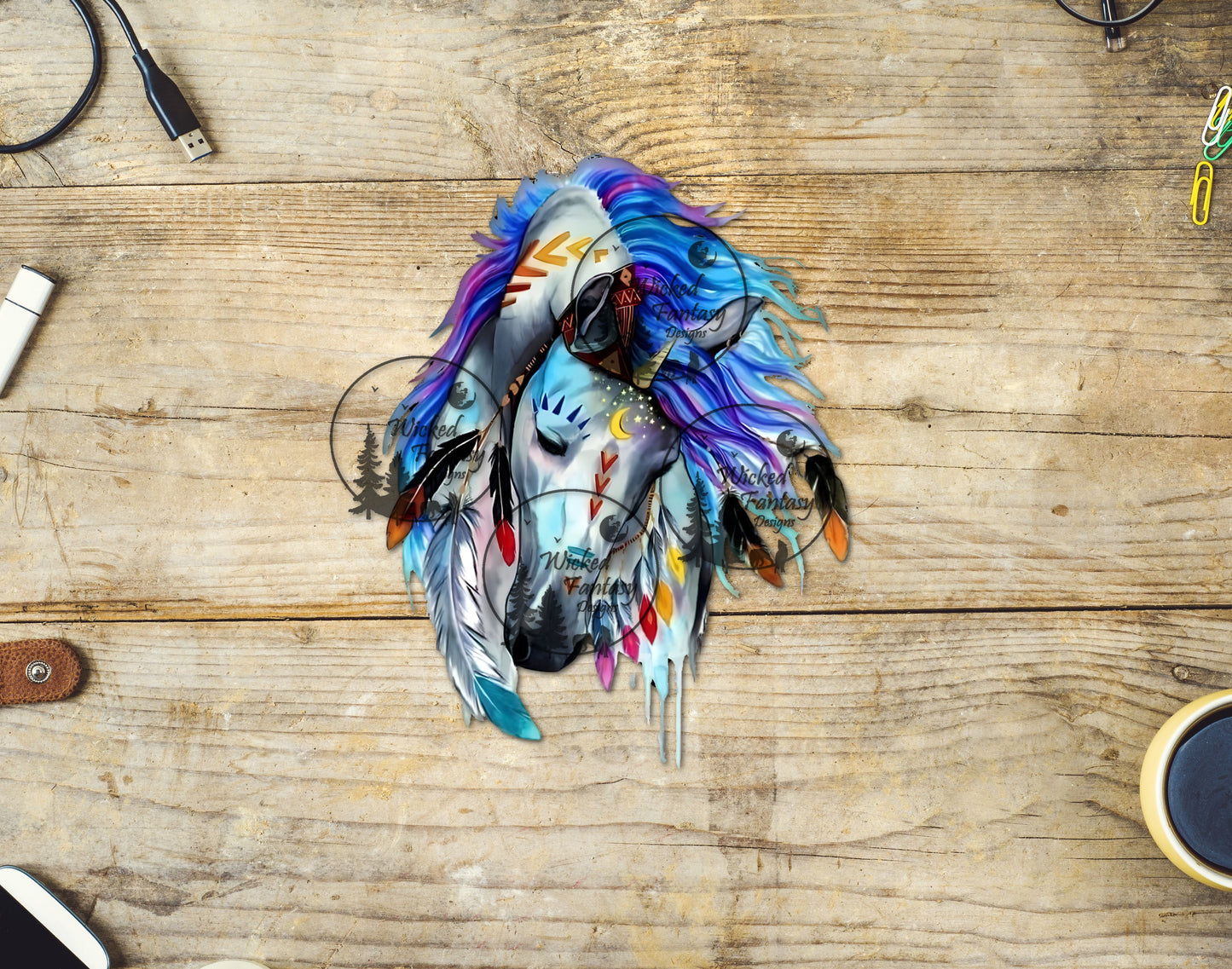 UVDTF Bright Native Horse with Paint and Feathers Watercolor