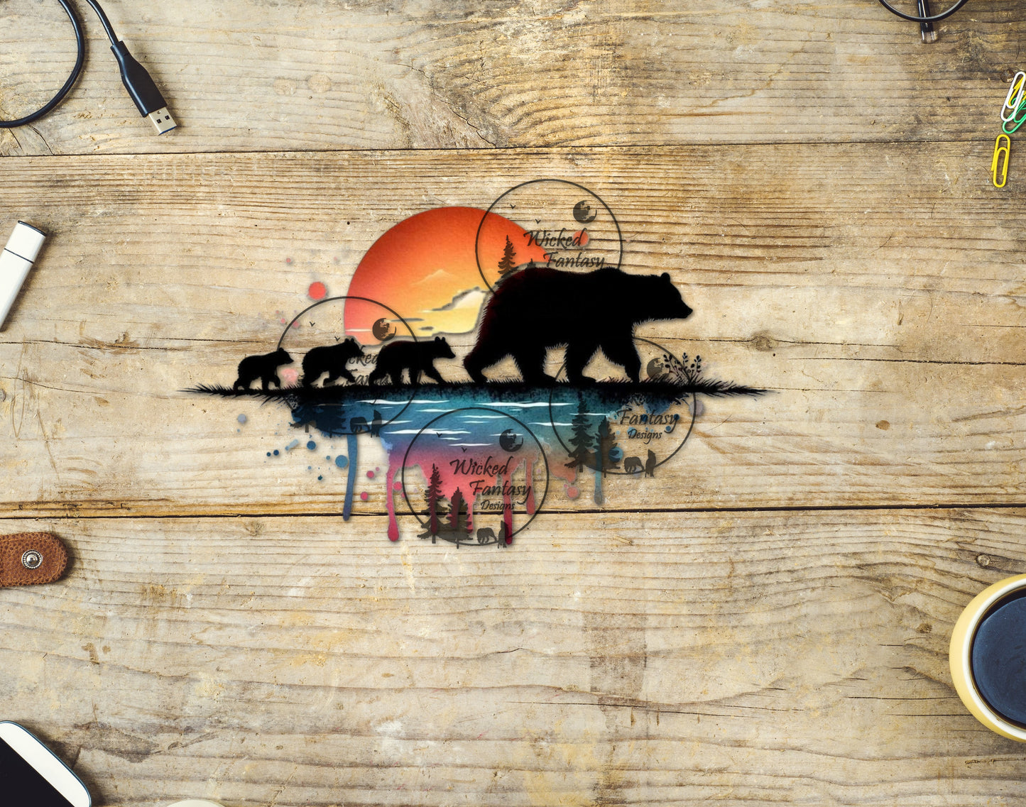 UVDTF Momma Bear with Cubs Sunset Watercolor