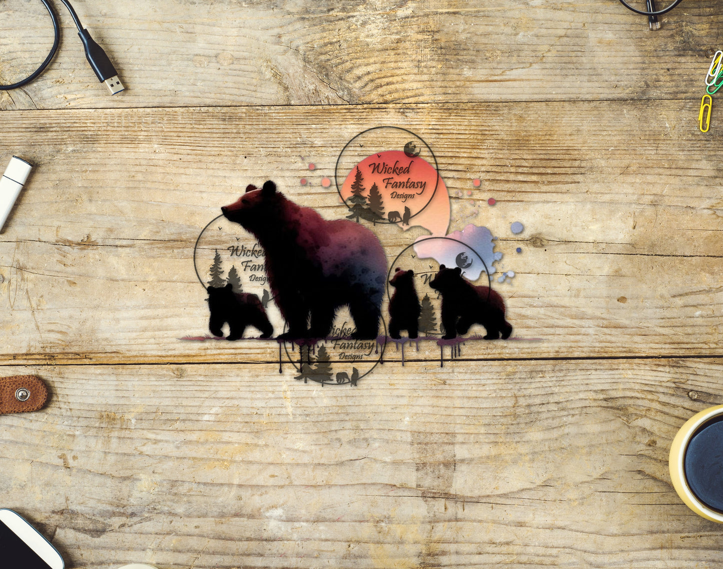 UVDTF Momma Bear with Cubs Watercolor