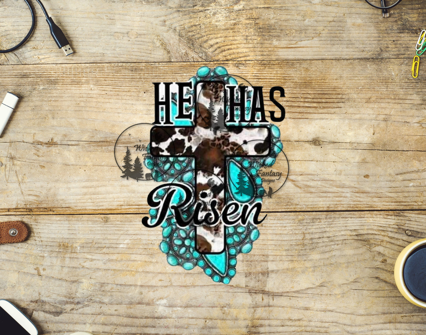 UVDTF He Has Risen Cowhide Cross Religious