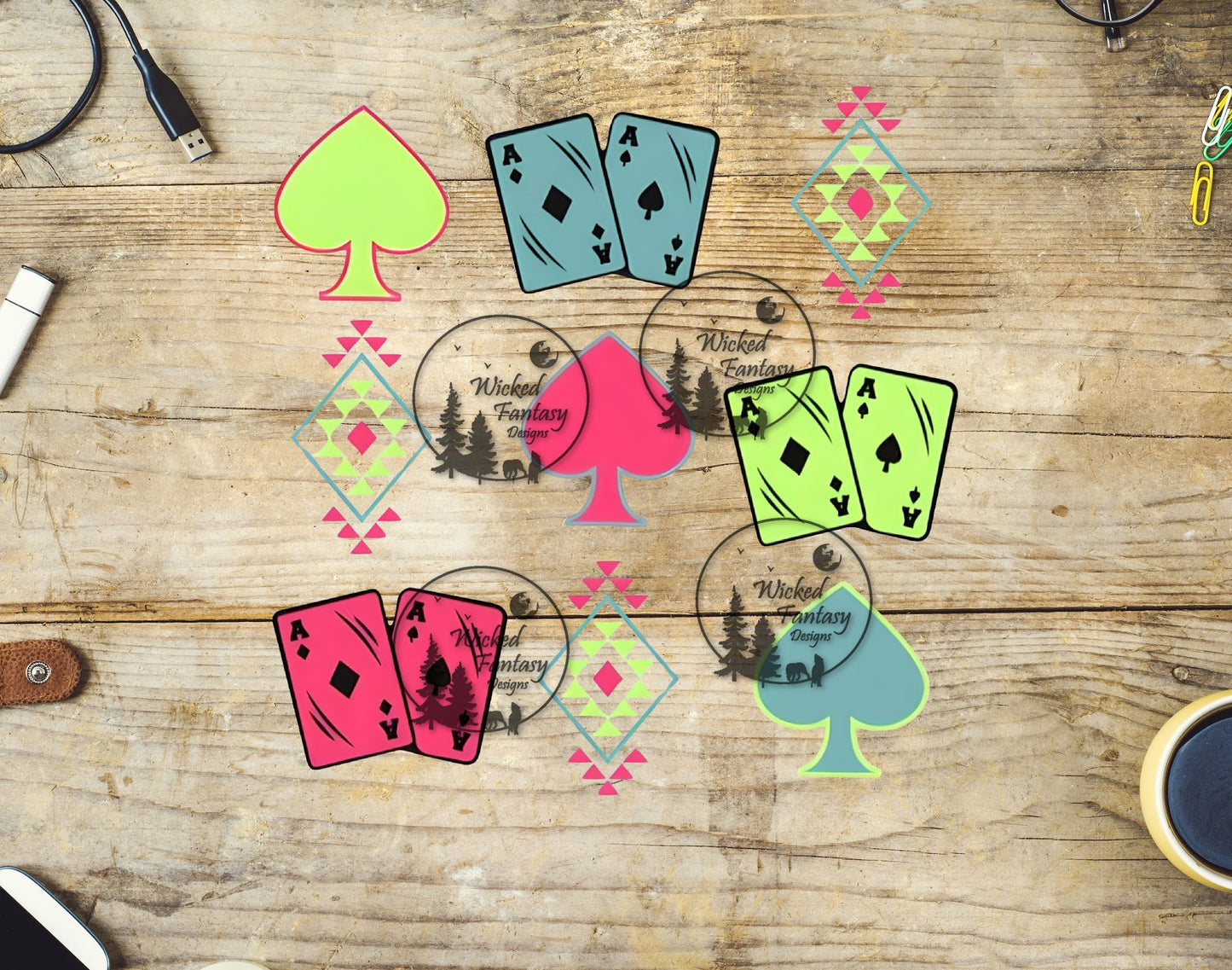 UVDTF Neon Ace of Spades Aztec DIamonds Decal Tumbler Elements