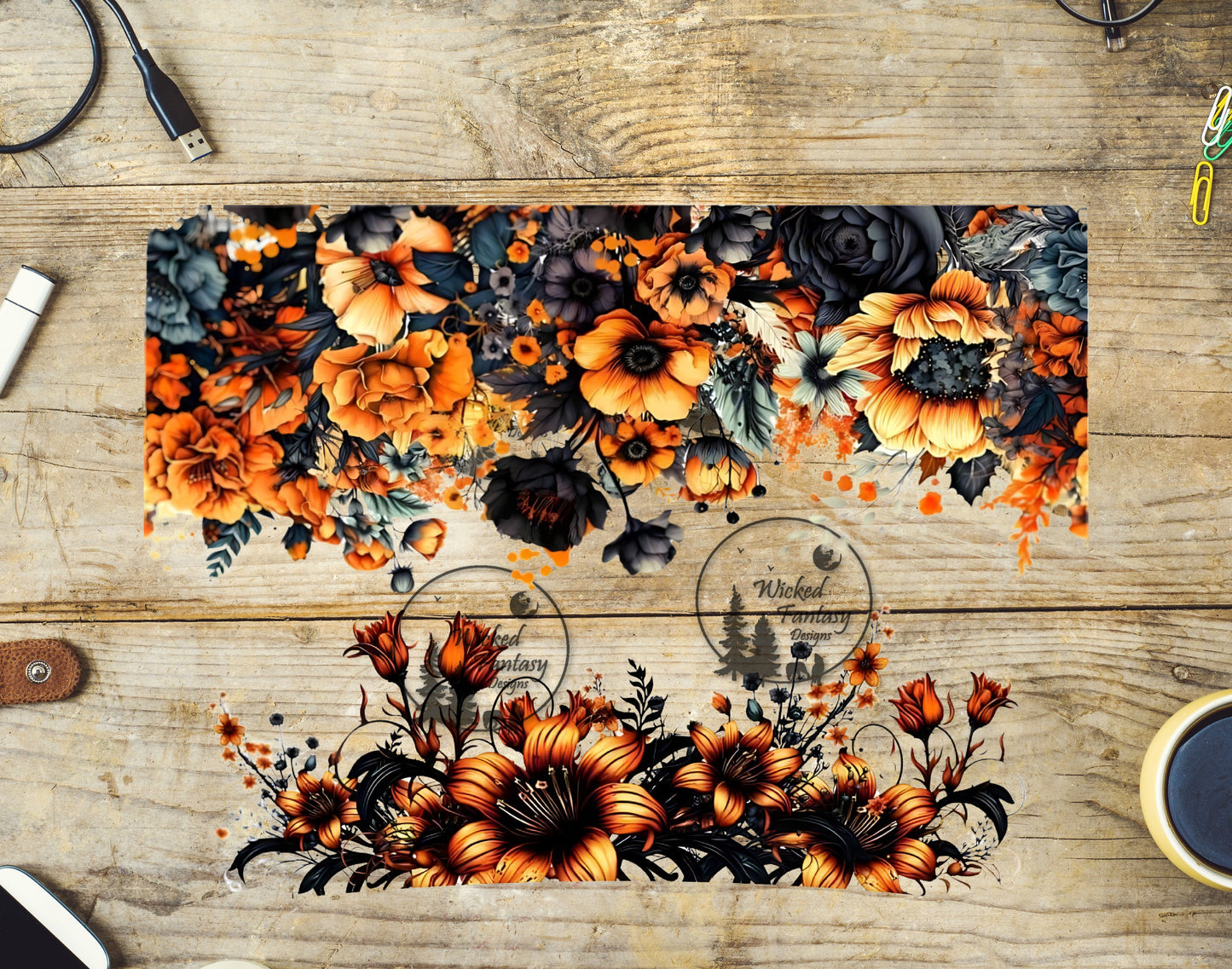 UVDTF Decal Element 40oz Tumbler Wrap Black and Orange Flowers