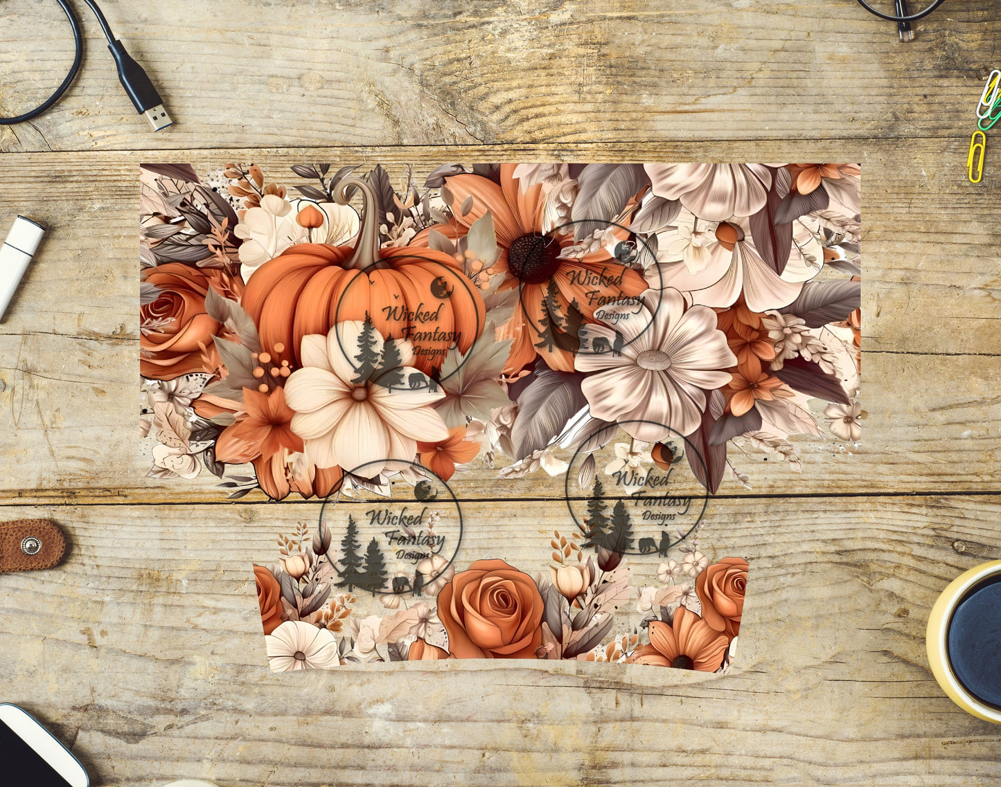 UVDTF Decal Element 40oz Tumbler Wrap Pumpkin with Beige and Orange Flowers