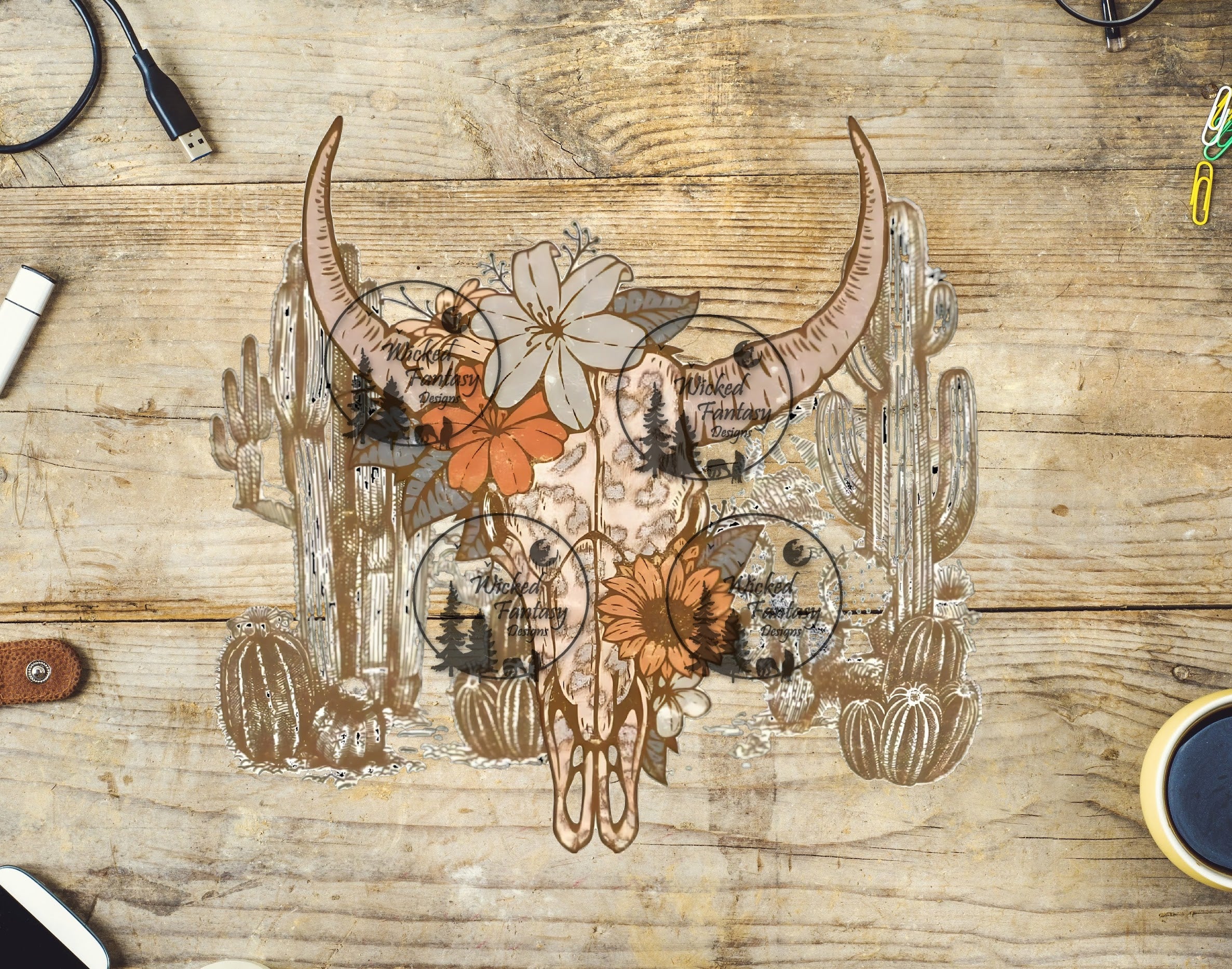 UVDTF Orange Sage and Tan Cow Skull With Leopard – Wicked Fantasy Designs