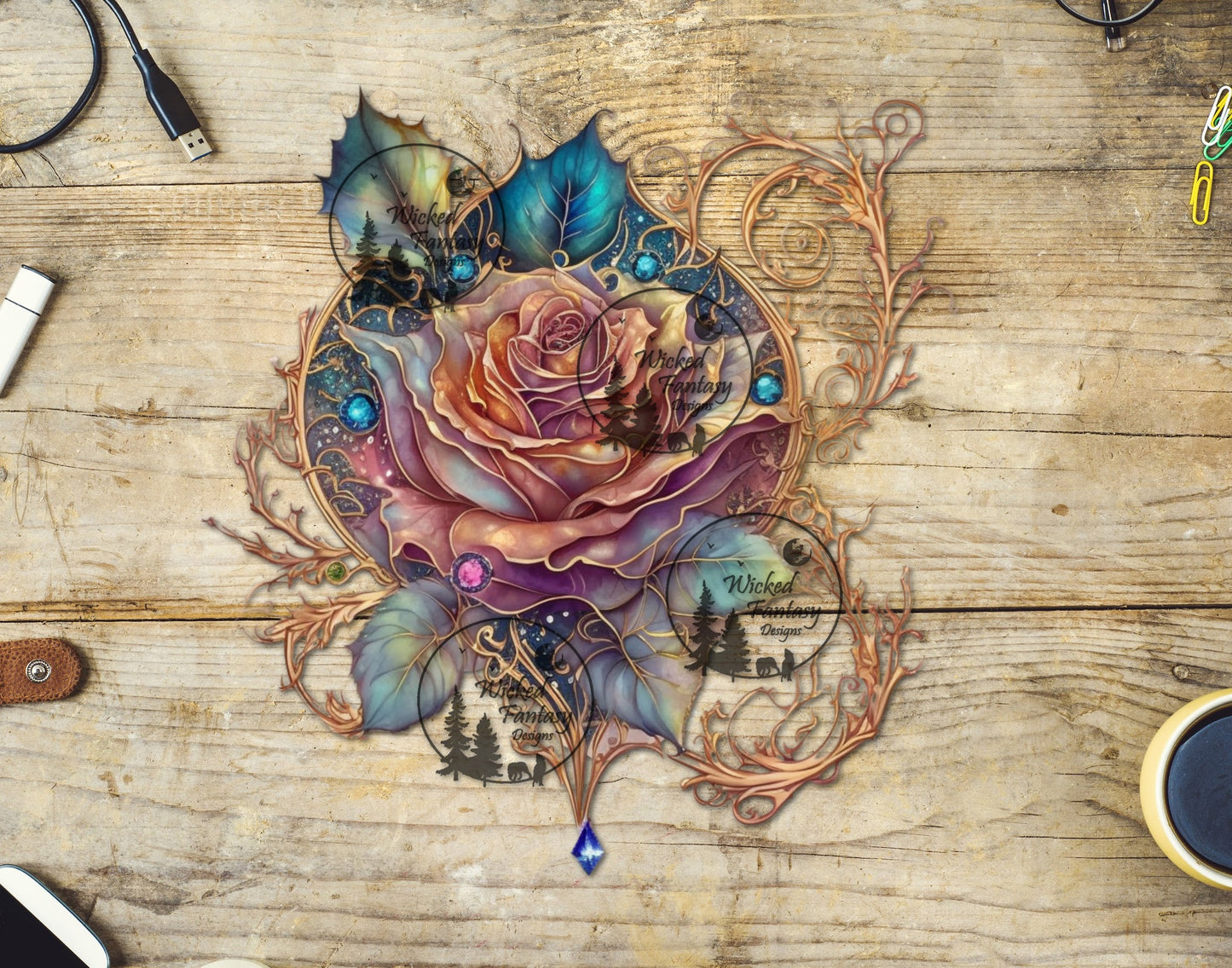 UVDTF Coral and Teal Steampunk Rose