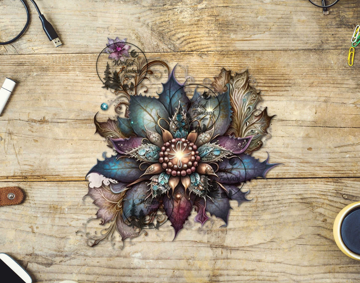 UVDTF Teal and Purple Steampunk Flower