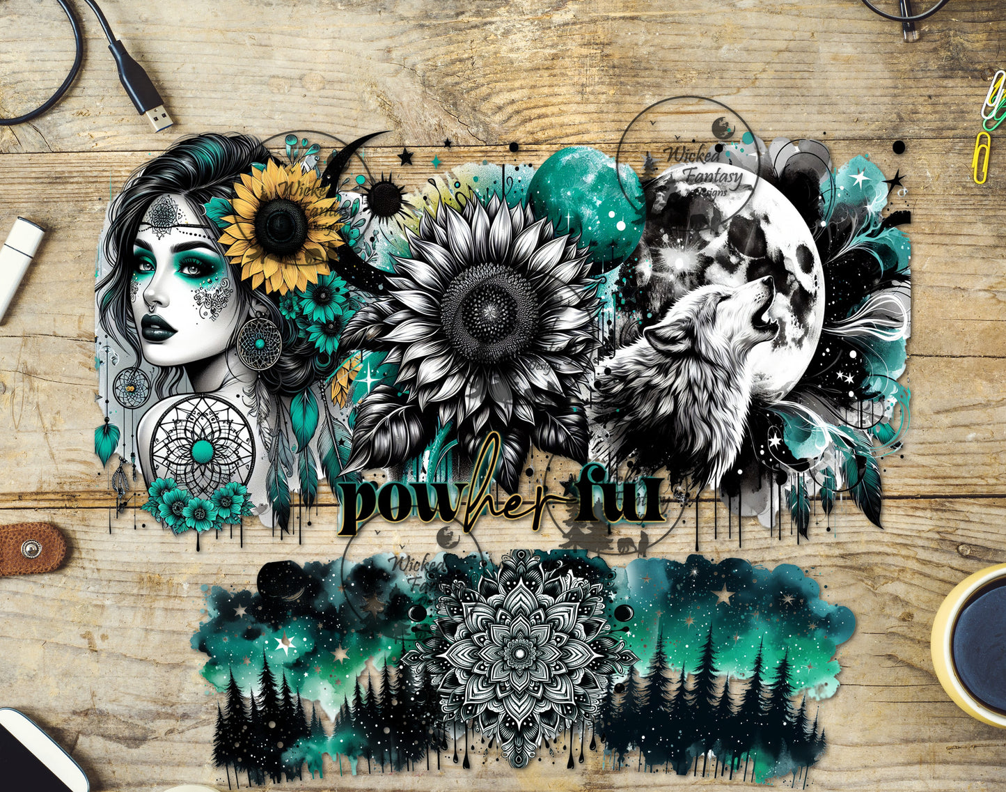 UVDTF Element 40oz Tumbler Wrap Boho PowHERful teal wolf and forest