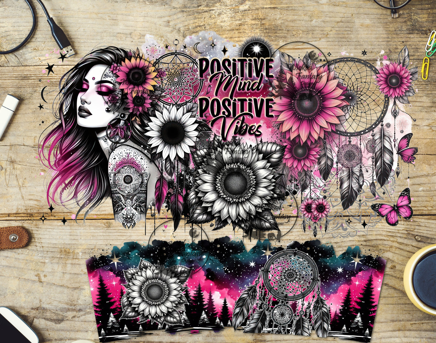 UVDTF Decal Element 40oz Tumbler Wrap Boho Positive Mind Positive Vibes