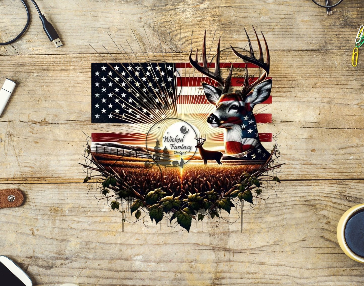 UVDTF Deer with American Flag Overlooking Wheat Field