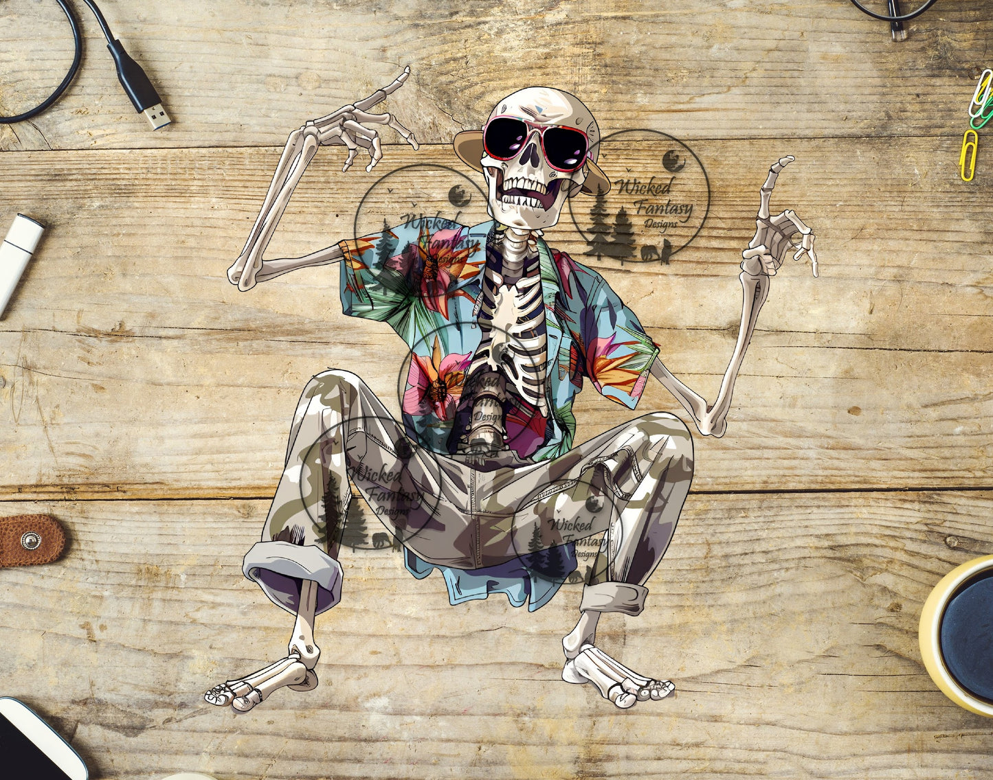 UVDTF Chill Skeleton with Hawaiian Shirt Sunglasses and Pants