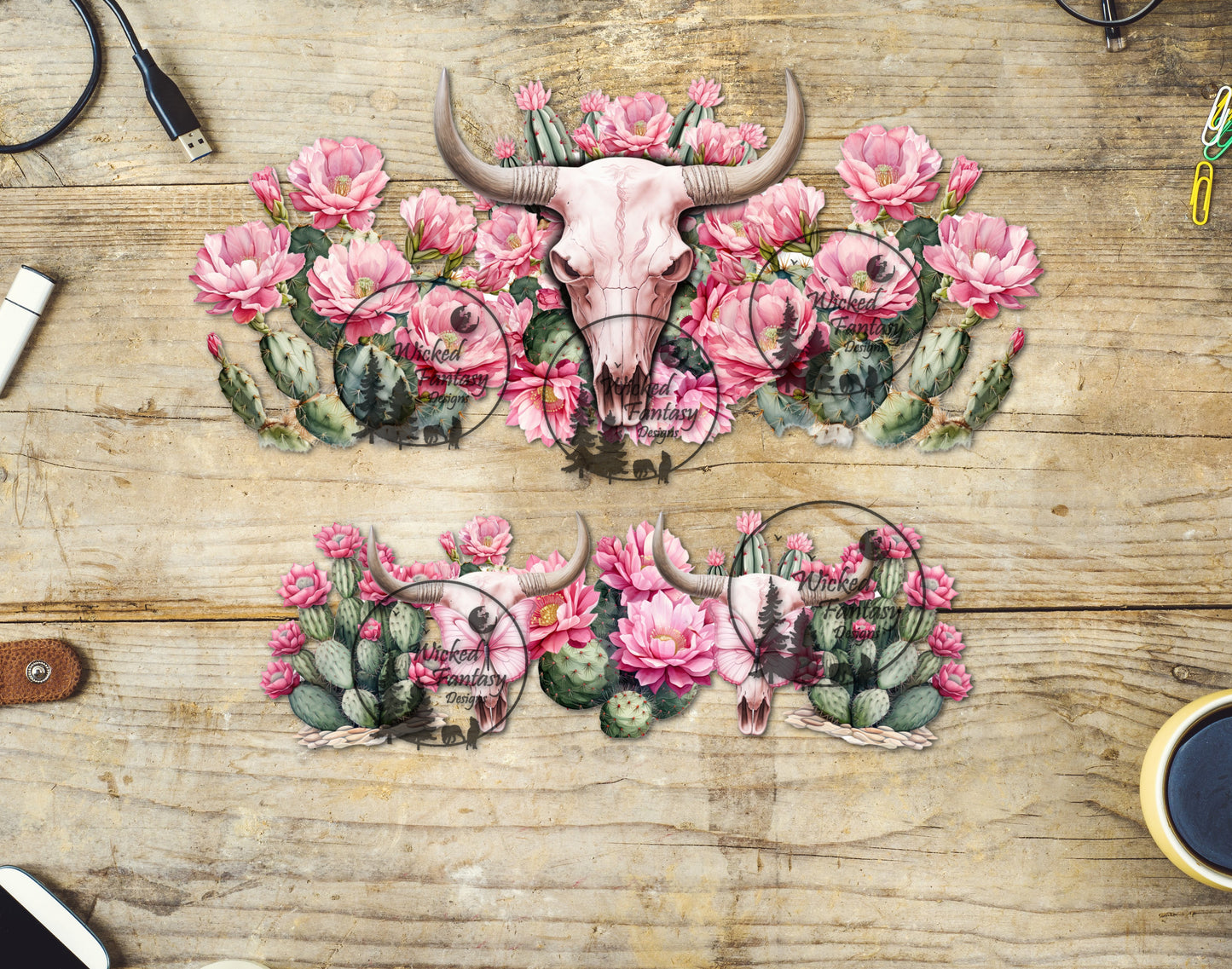 UVDTF Cow Skull and Cactus in Bloom 40oz Tumbler Wrap Element