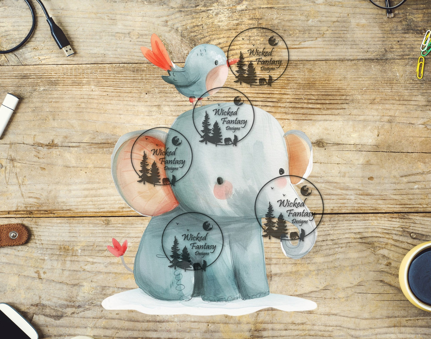 A graphic decal of a baby elephant with a bird perched on its head