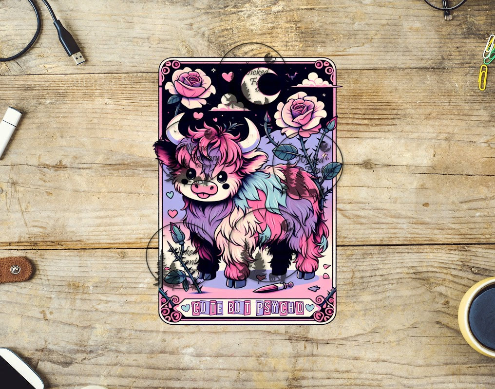 UVDTF Cute But Psycho Highland Cow Tarot Card