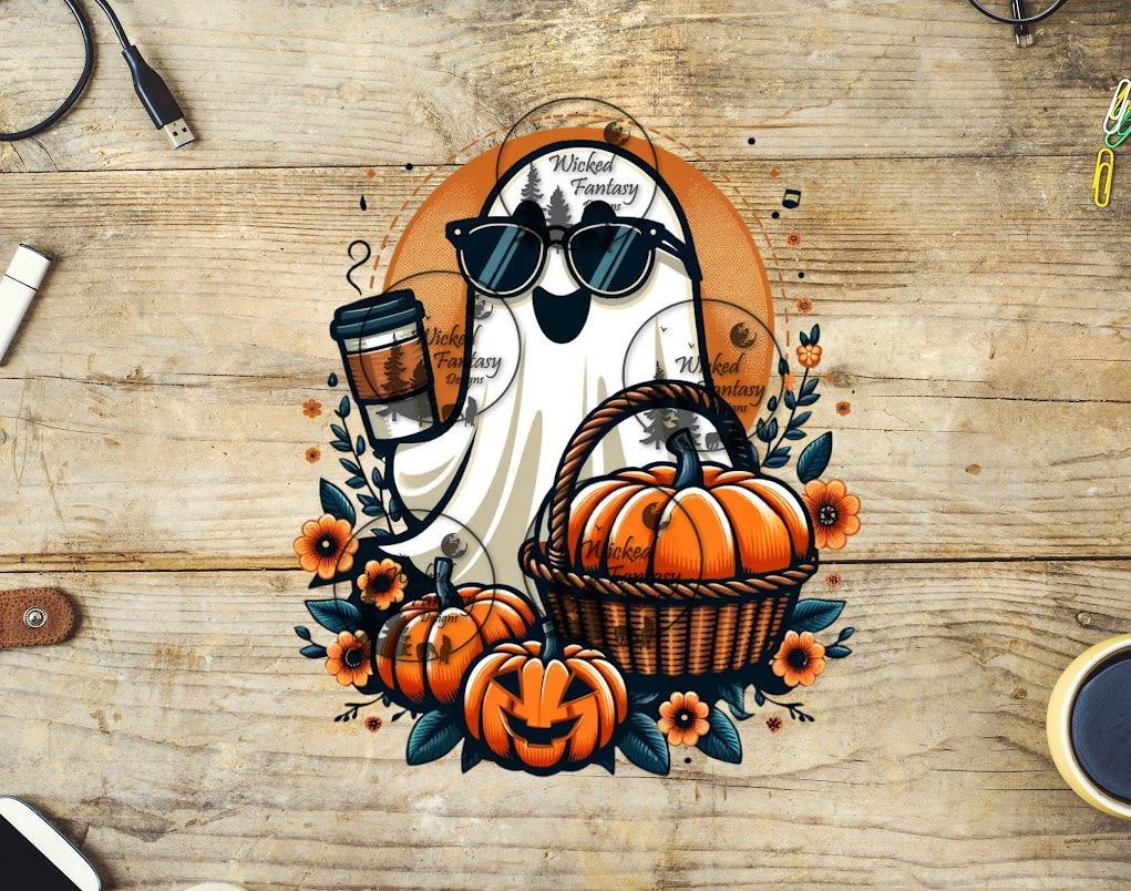 UVDTF Cute Happy Ghost with Sunglasses Coffee Pumpkins Flowers
