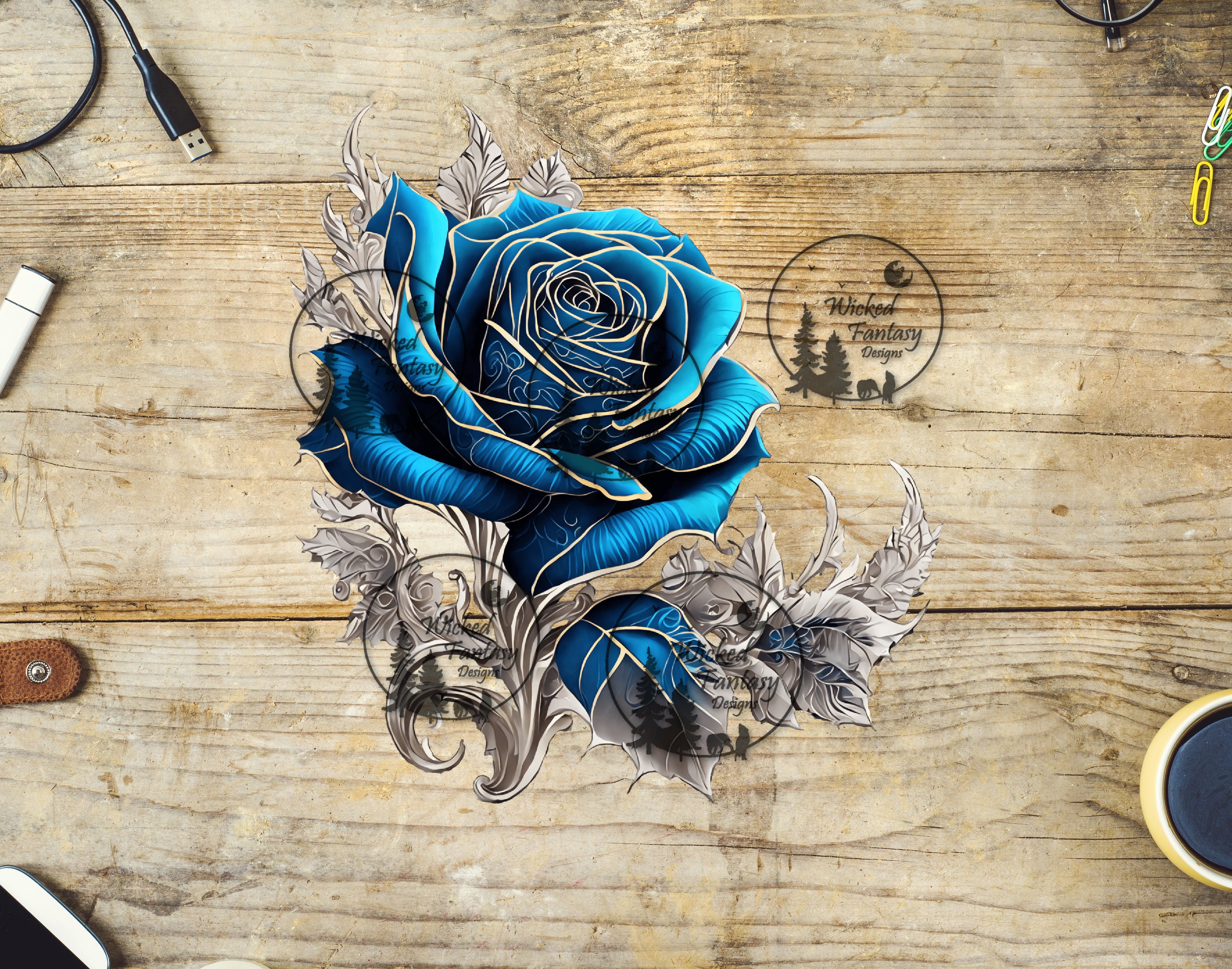 UVDTF Teal and Grey Filagree Rose – Wicked Fantasy Designs