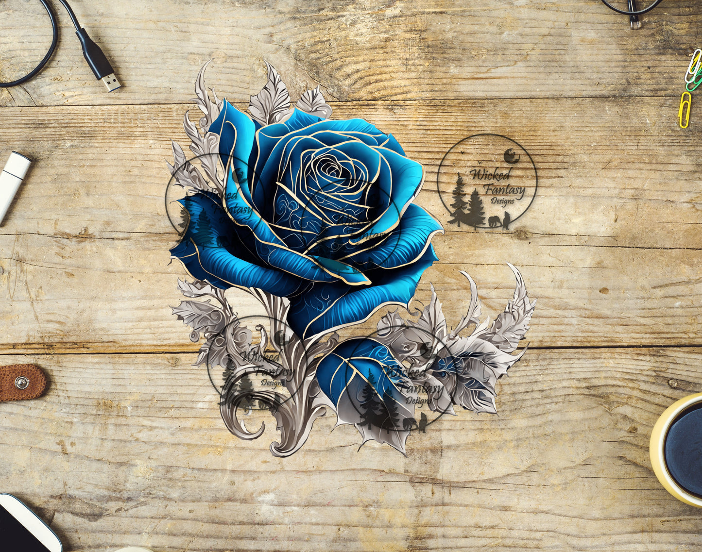 UVDTF Teal and Grey Filagree Rose