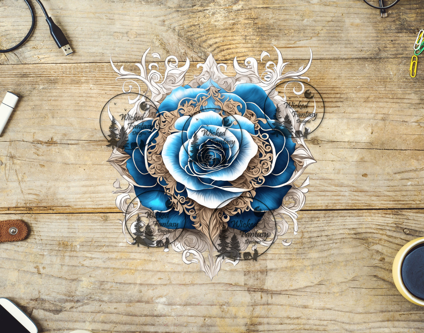 UVDTF Teal White and Gold Filagree Rose