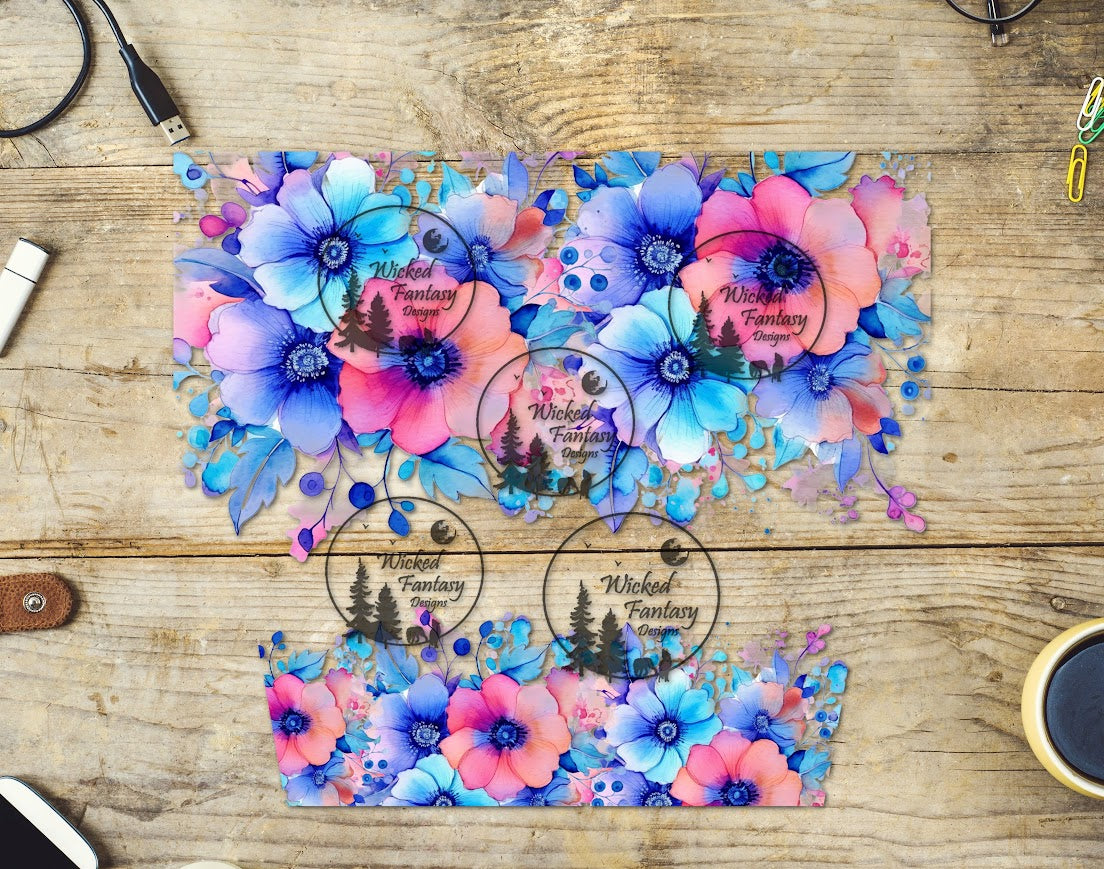 UVDTF Aqua Periwinkle Coral Flowers Wrap Element 40oz 16oz multiple sizes