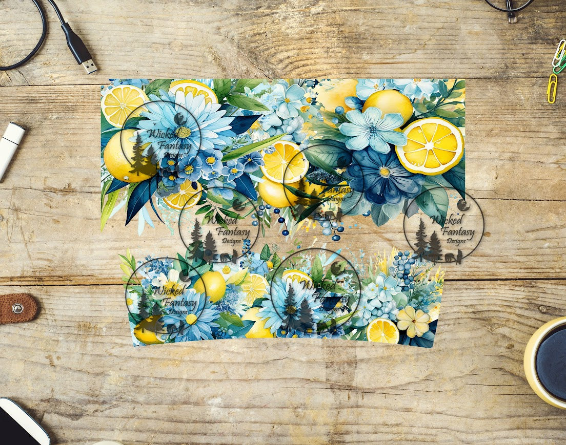 UVDTF Blue Flowers and Lemons Wrap Element 40oz 16oz multiple sizes