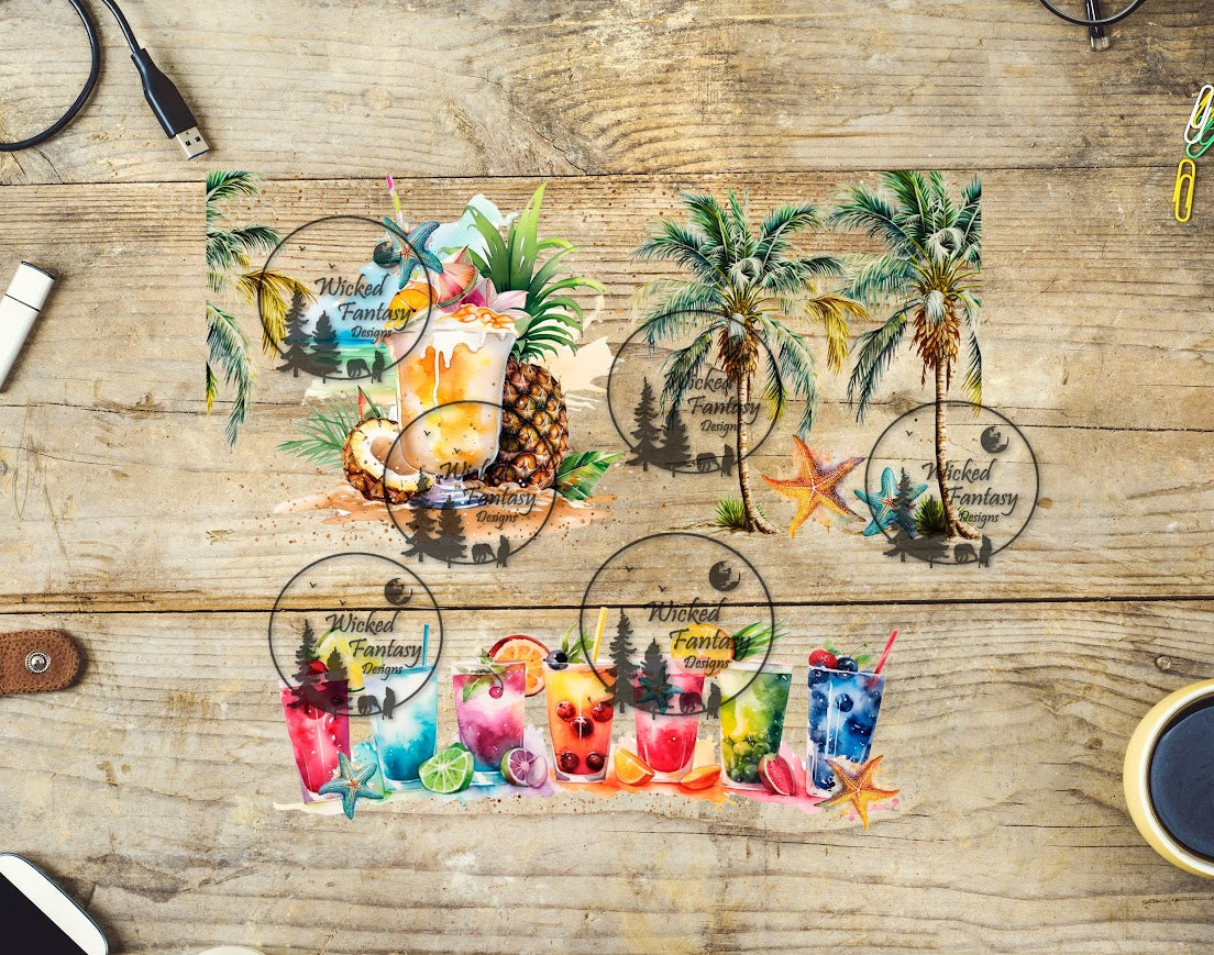 A decorative wrap element with a tropical theme featuring palm trees and various colorful drinks, designed for use with a UVDTF cold peel wrap