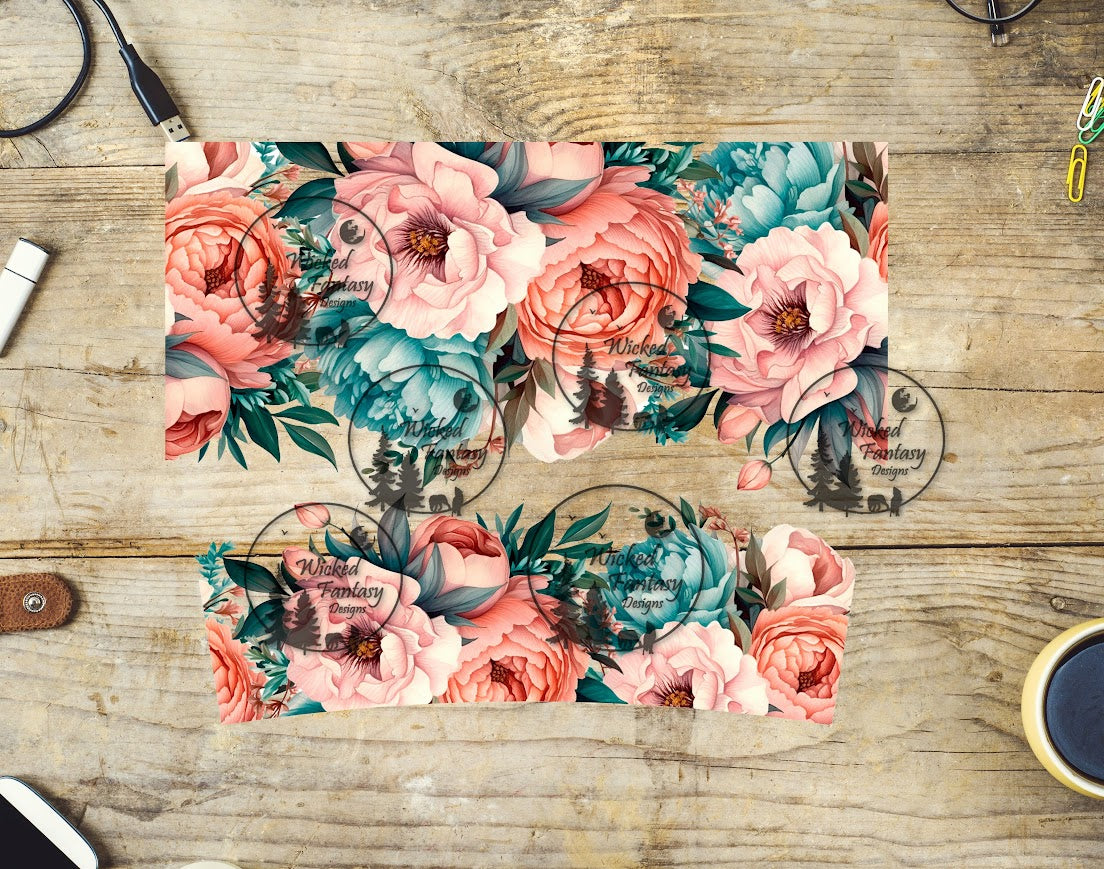 UVDTF Coral and Teal Peony Wrap Element 40oz 16oz multiple sizes