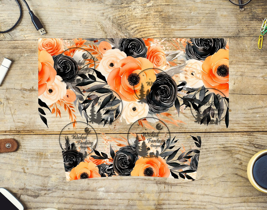 UVDTF Black and Orange Painted Flowers Wrap Element 40oz 16oz multiple sizes