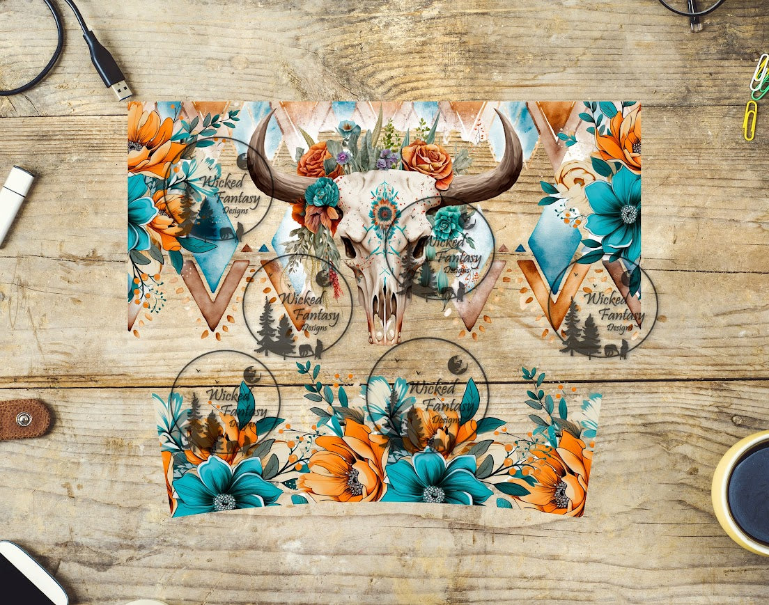UVDTF Boho Cow Skull and Flowers Rust Teal Wrap Element 40oz 16oz Multiple Sizes