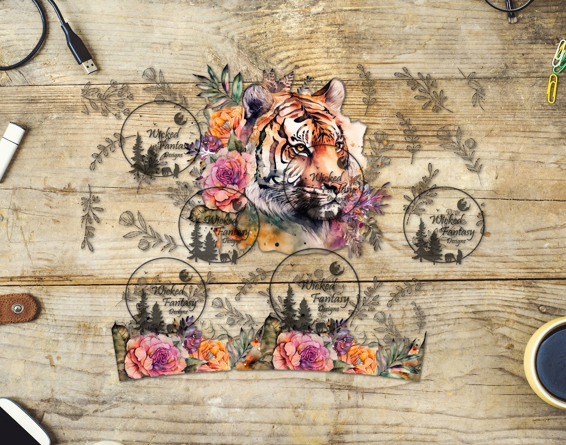 A decorative wrap element featuring a tiger with floral designs on a wooden background, likely intended for use as a bumper sticker or decal.